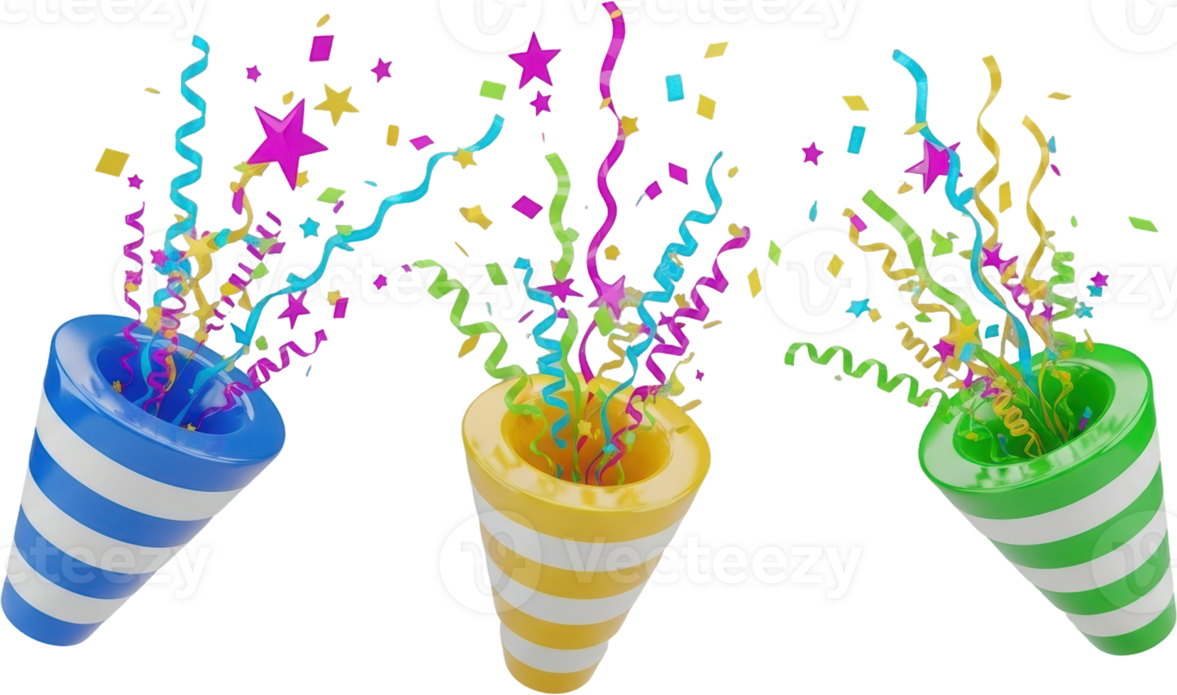 Colorful party poppers exploding confetti and streamers for celebrations png