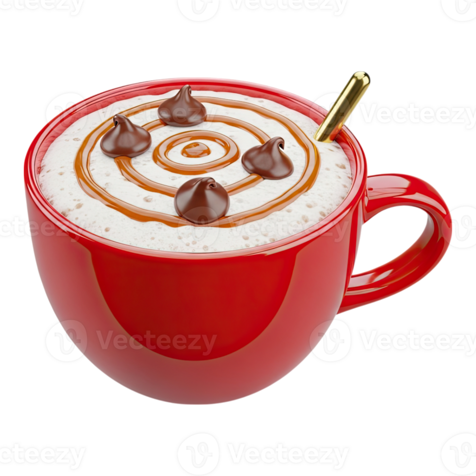 Creamy hot chocolate in a vibrant red mug topped with caramel and chocolate png