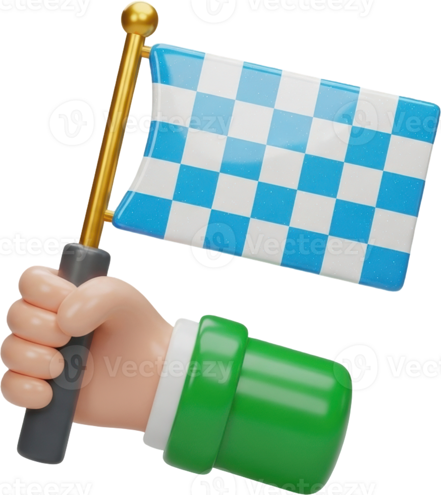 Stylized 3d hand waving a blue and white checkered flag, representing achievement png