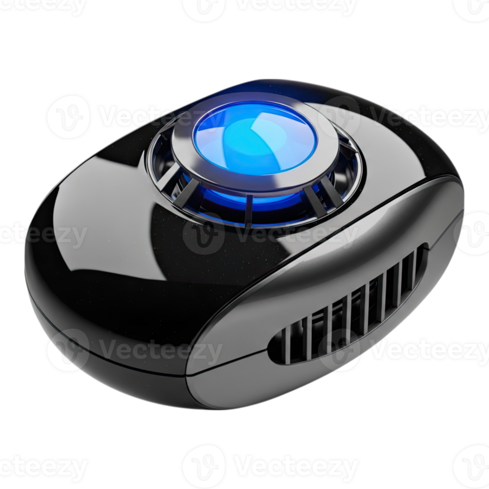 Modern black smart smoke detector with glowing blue light for home safety png