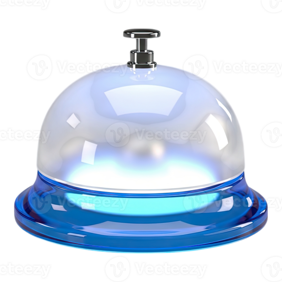 Sleek modern reception bell with translucent frosted glass and iridescent blue glow png