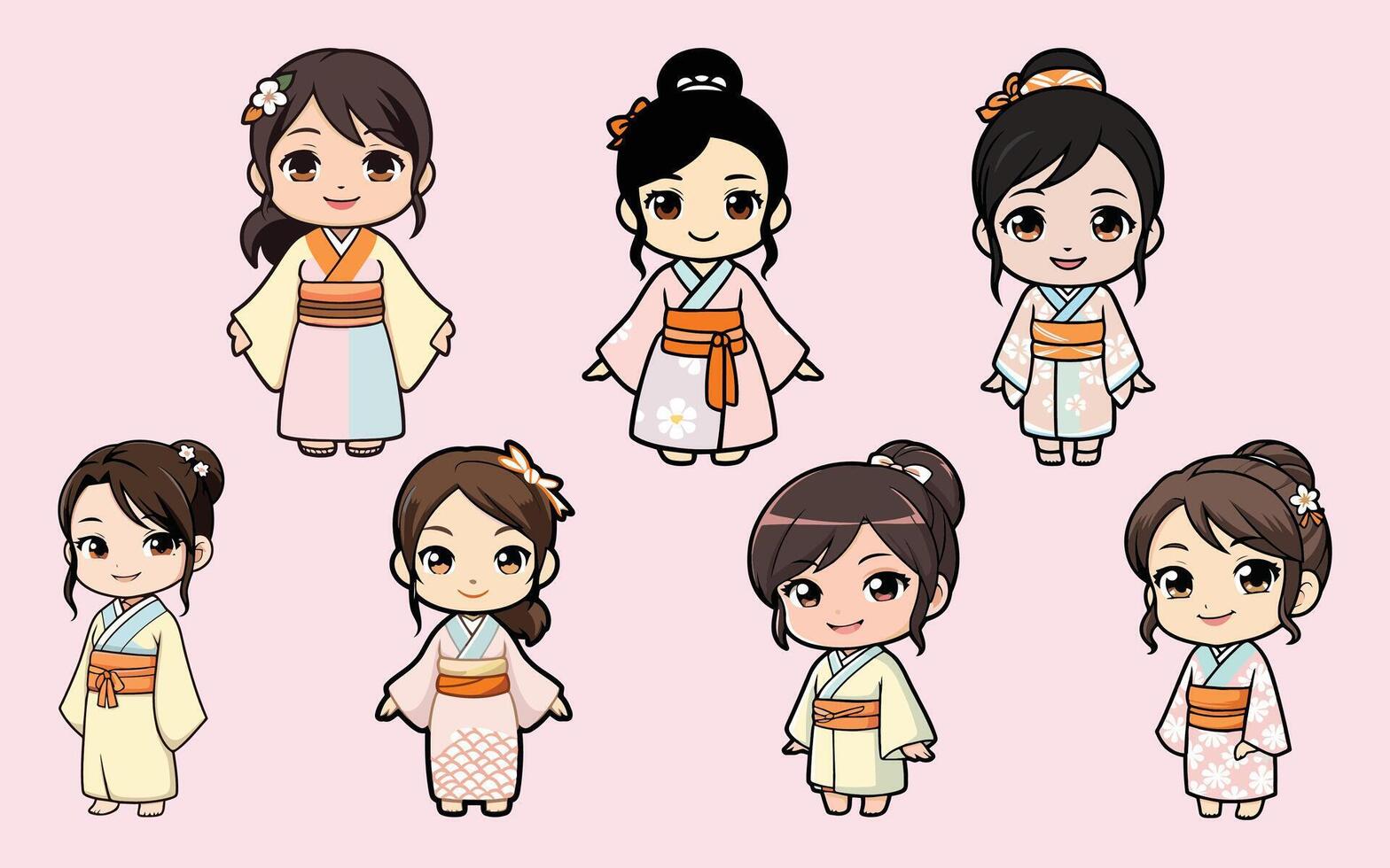 chibi characters bundle cute yukata girl character set vector