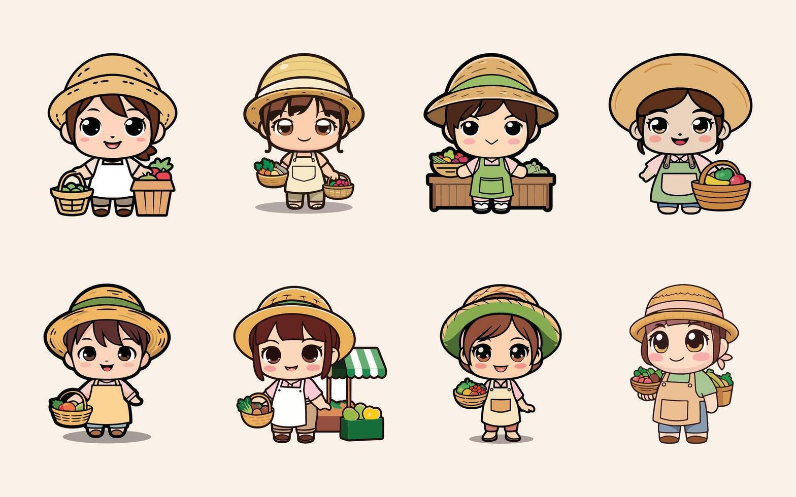 chibi professions bundle cute vegetable seller character with fresh produce vector