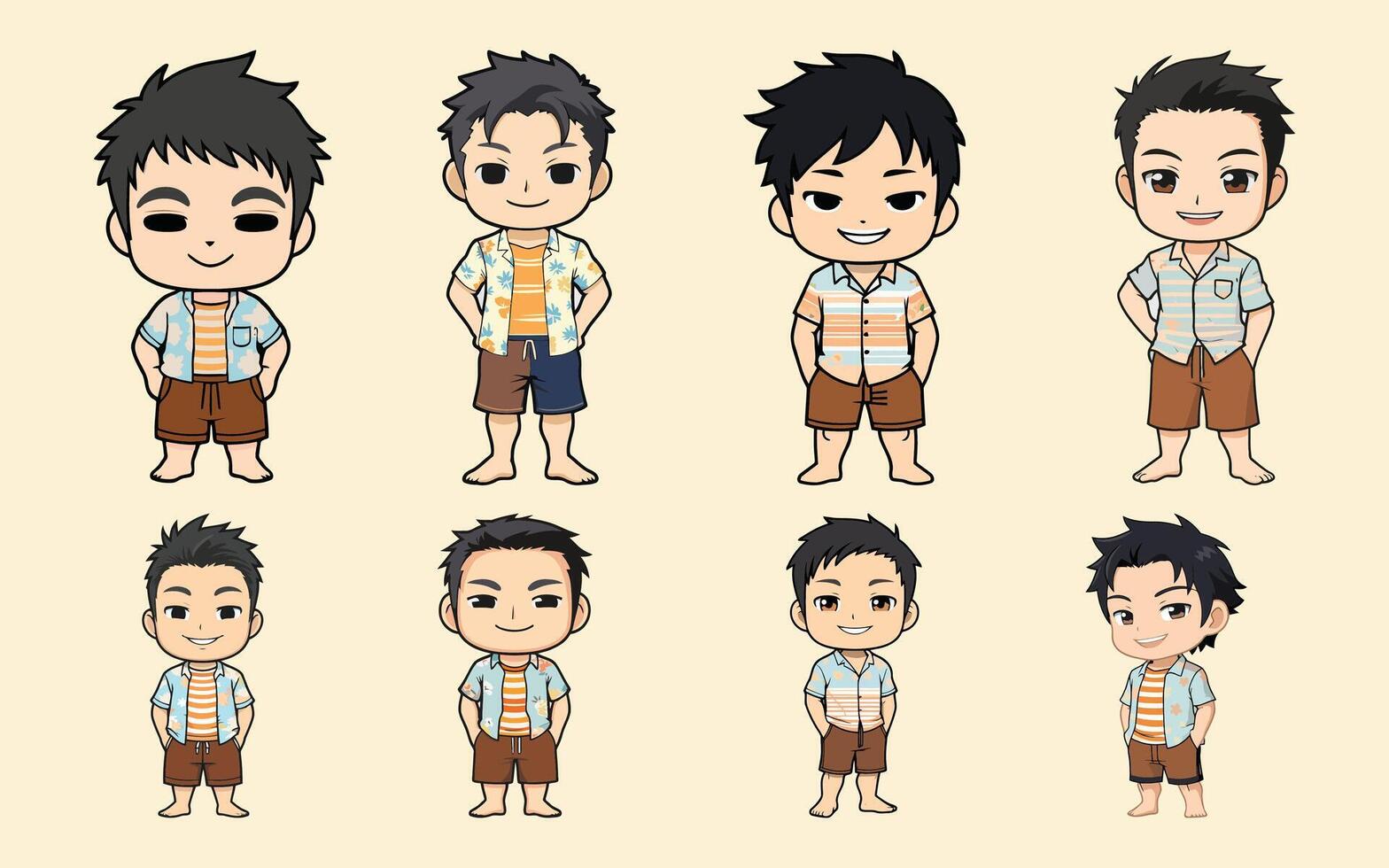 chibi kids bundle cute boys in swimwear character set vector
