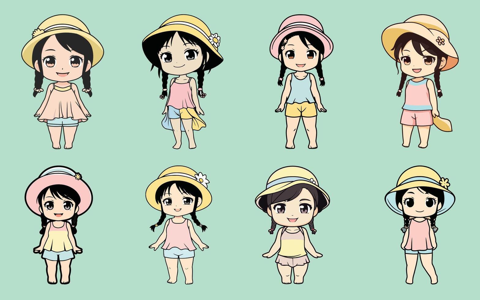 chibi professions bundle cute female swimmer character set vector