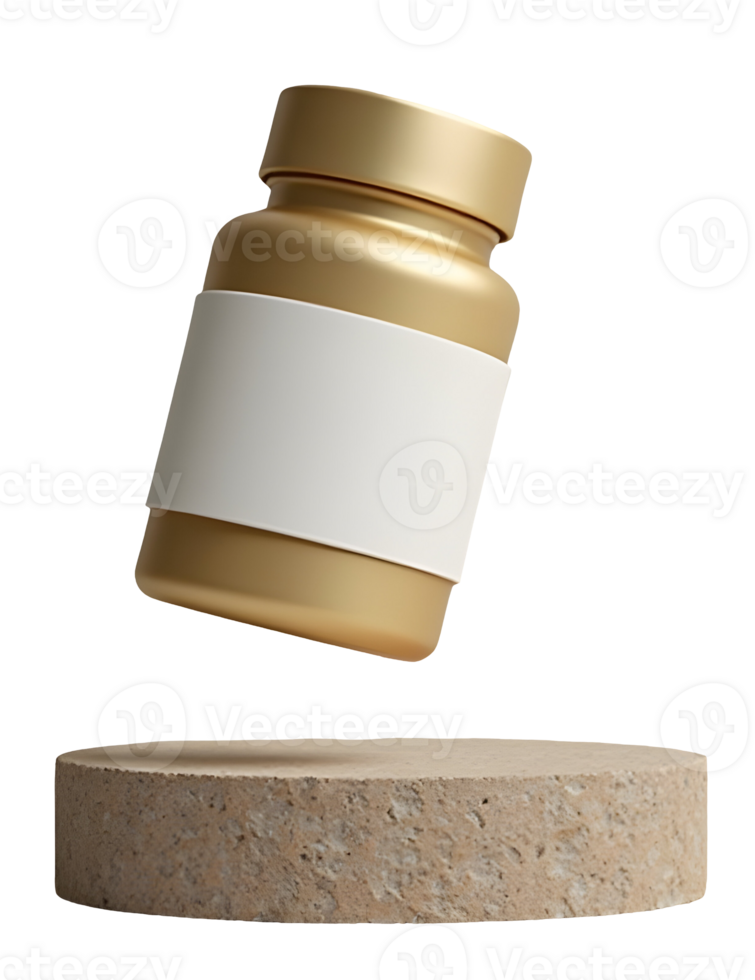 Golden container, blank label, promises health and vitality, premium supplement choice png
