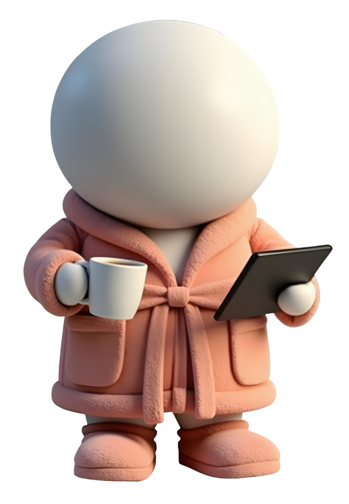 Happy character enjoying cozy morning routine holding mug and tablet png