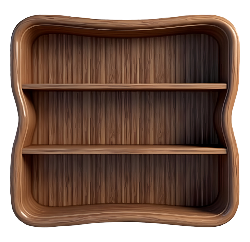 Brown wooden shelf unit. Elegant storage furniture for tidy, modern home interior png
