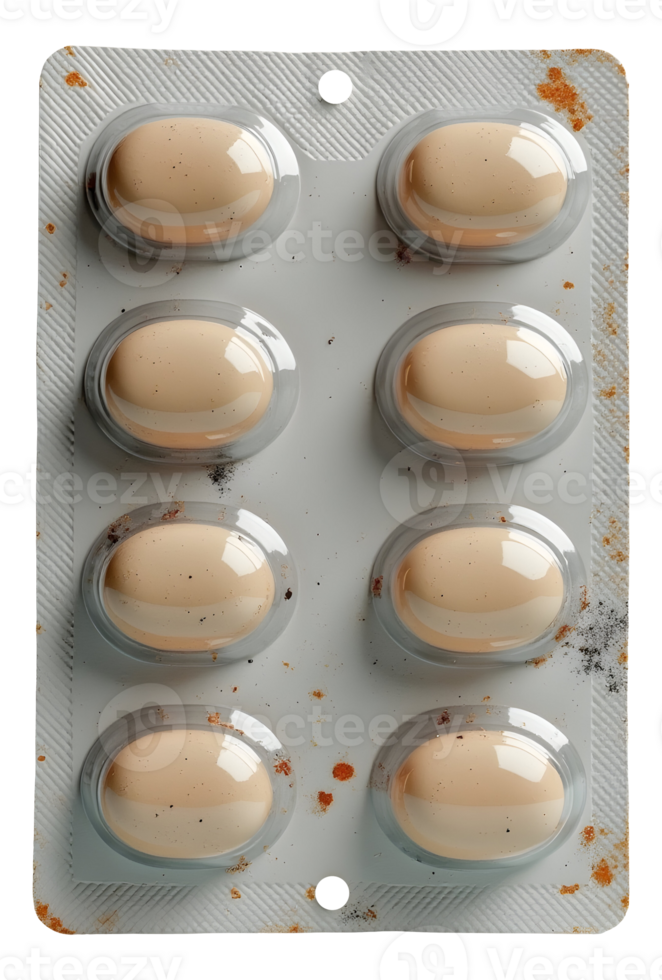 Old medicine blister pack of orange pills shows signs of neglect and expired purpose png