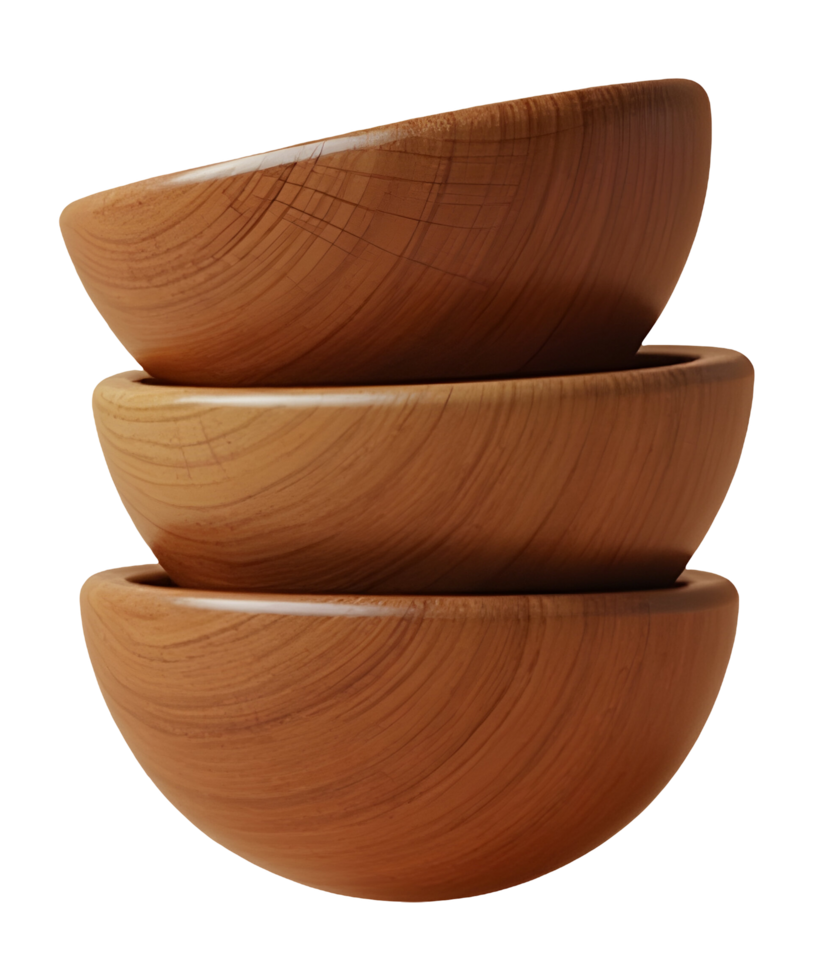 Stacked wooden bowls display natural beauty. Simple kitchenware evokes warm feeling png