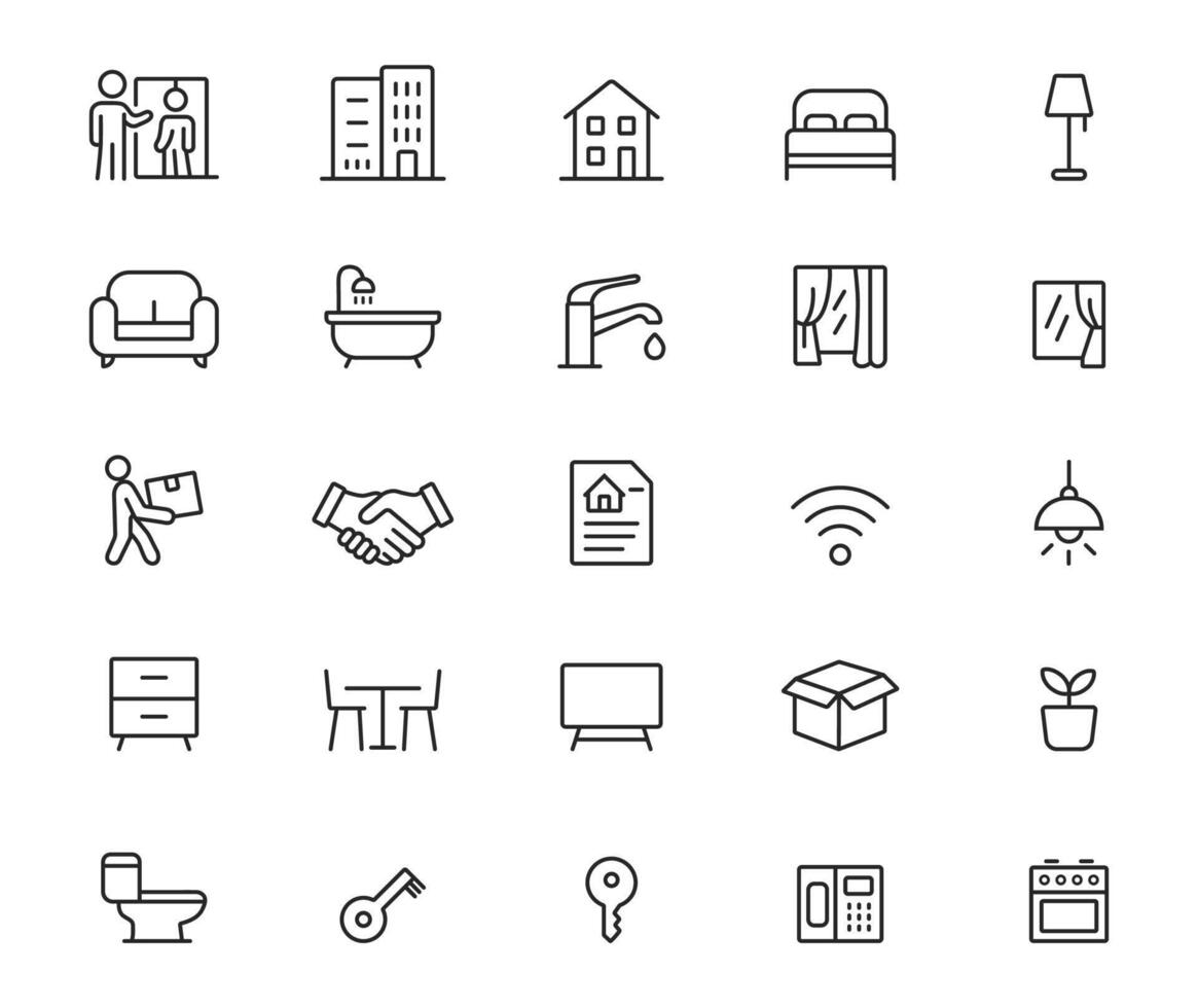 Real estate and home essentials line icons. Furniture, decor, utilities, thin stroke symbols collection vector