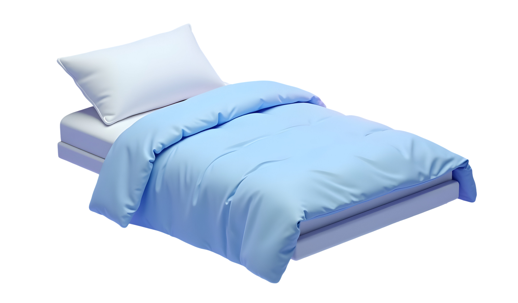 Clean made bed with blue comforter and white pillow ready for peaceful sleep png