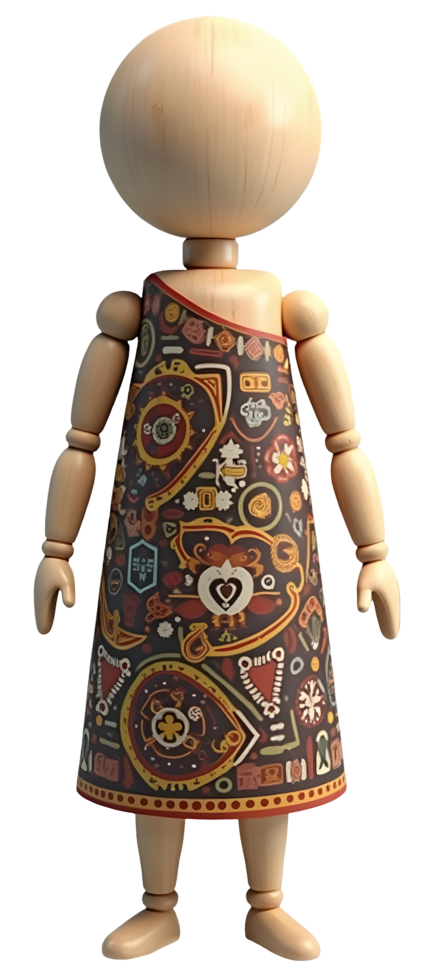 Smiling wooden doll model displays vibrant patterned dress with artistic flair png