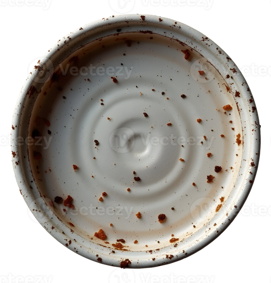 Dirty plate, messy residue visible, top view captures an unclean feeling png
