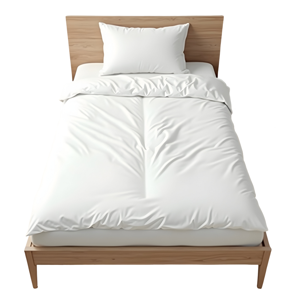 Clean and comfortable white single bed with soft duvet and pillow png