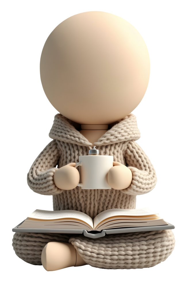 Cozy figure enjoys warm drink and book, feeling relaxed and content png