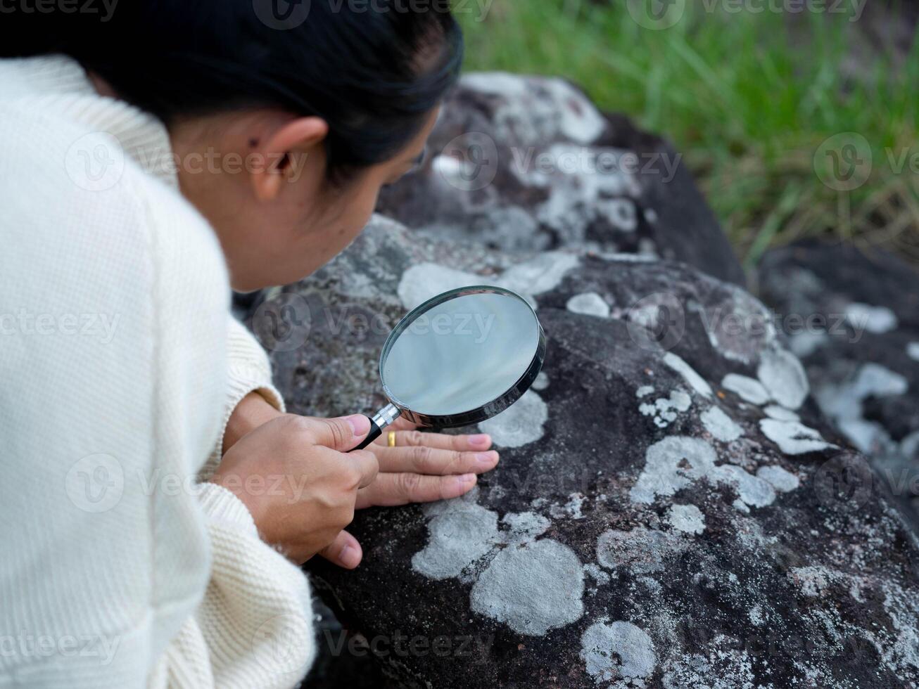 Female ecologist studies living things in a forest with a magnifying glass. Female environmental scientist holds a magnifying glass to examine insects. Loves nature. photo