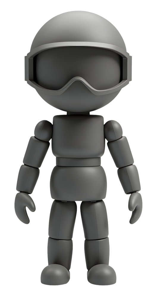 Gray robot figure, blank character, wears helmet and goggle png