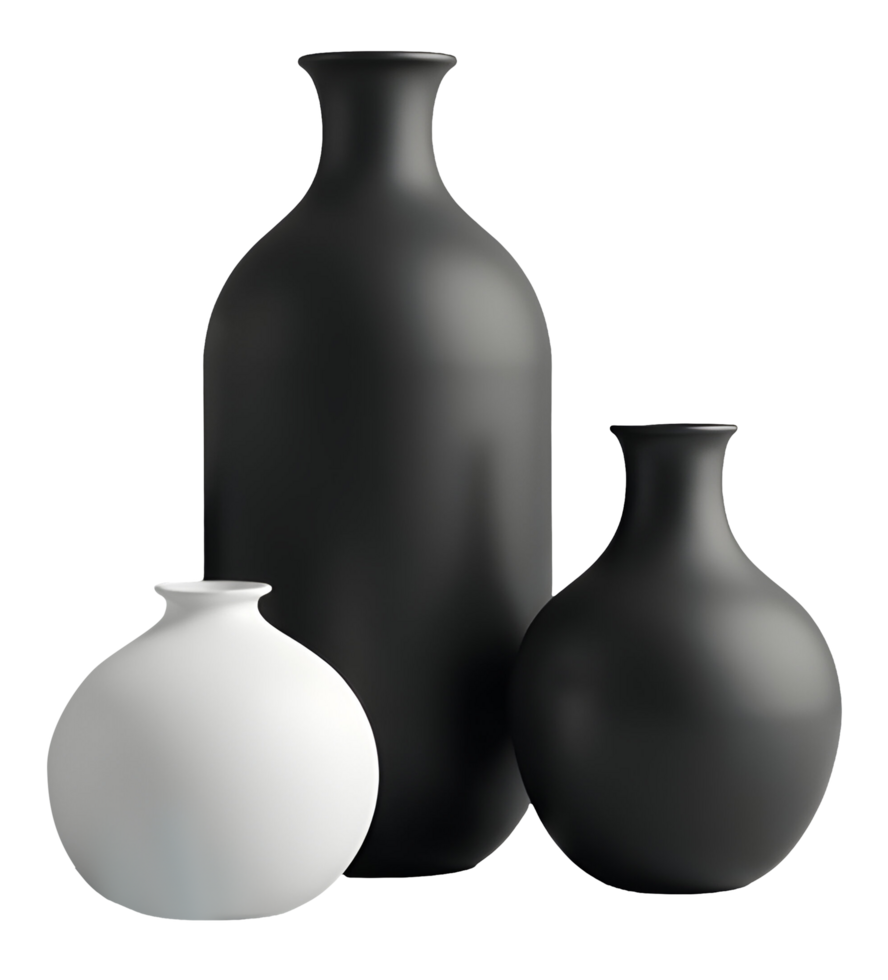 Monochrome ceramic vases present harmonious minimalist aesthetic, creating elegant decor png