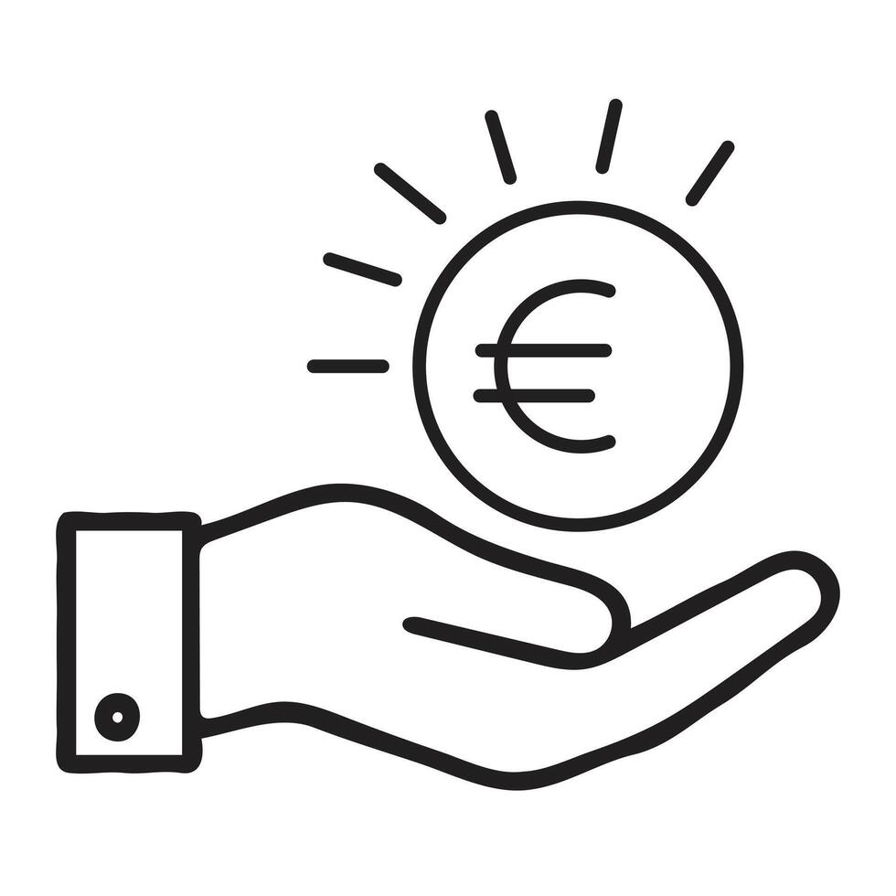 Hand holding euro coin line art on white background vector