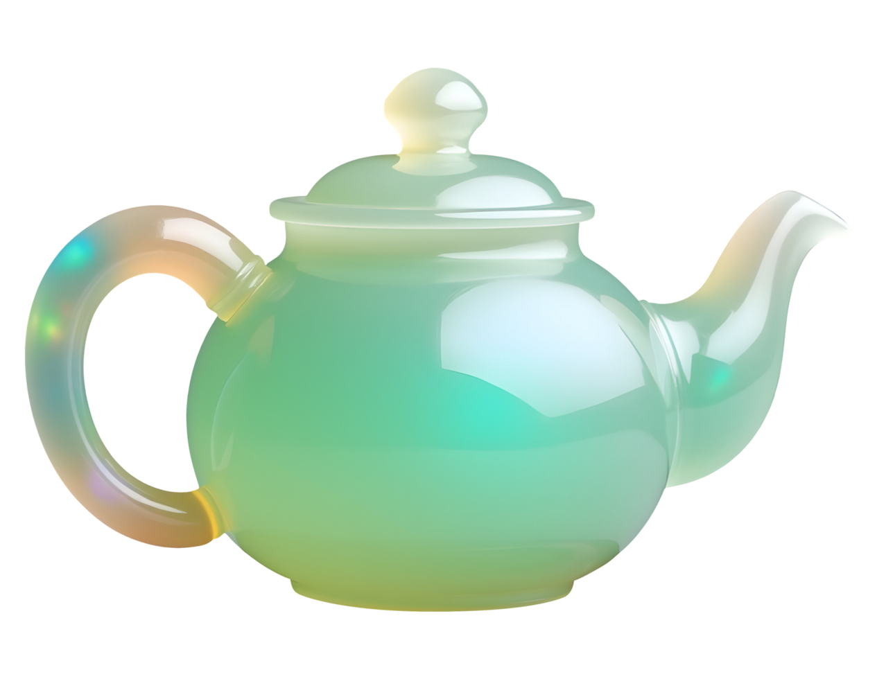 Pastel glass teapot iridescent with green hues isolated, bringing calm feeling png