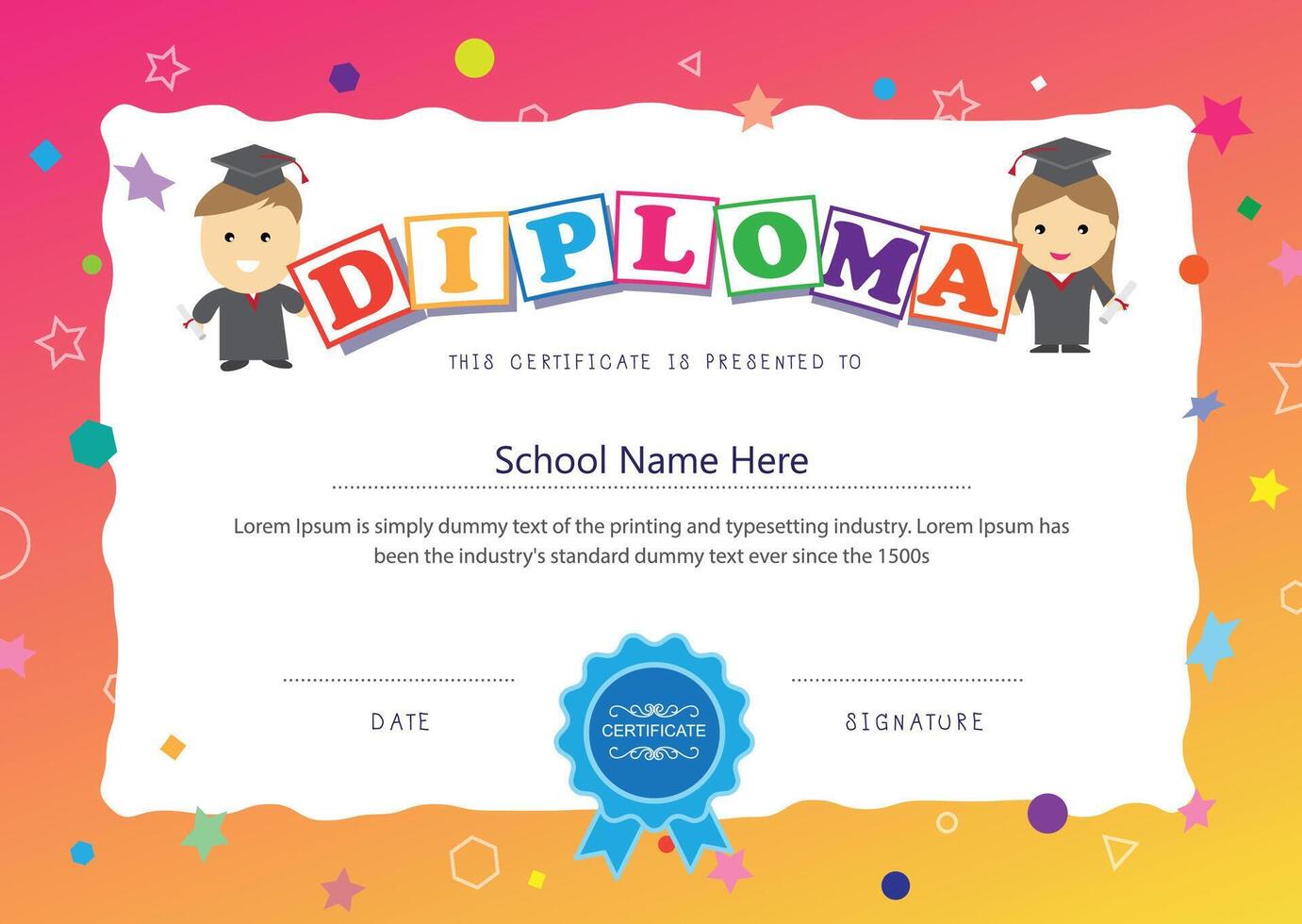 Preschool kids certificate design elementary diploma school background layout template vector