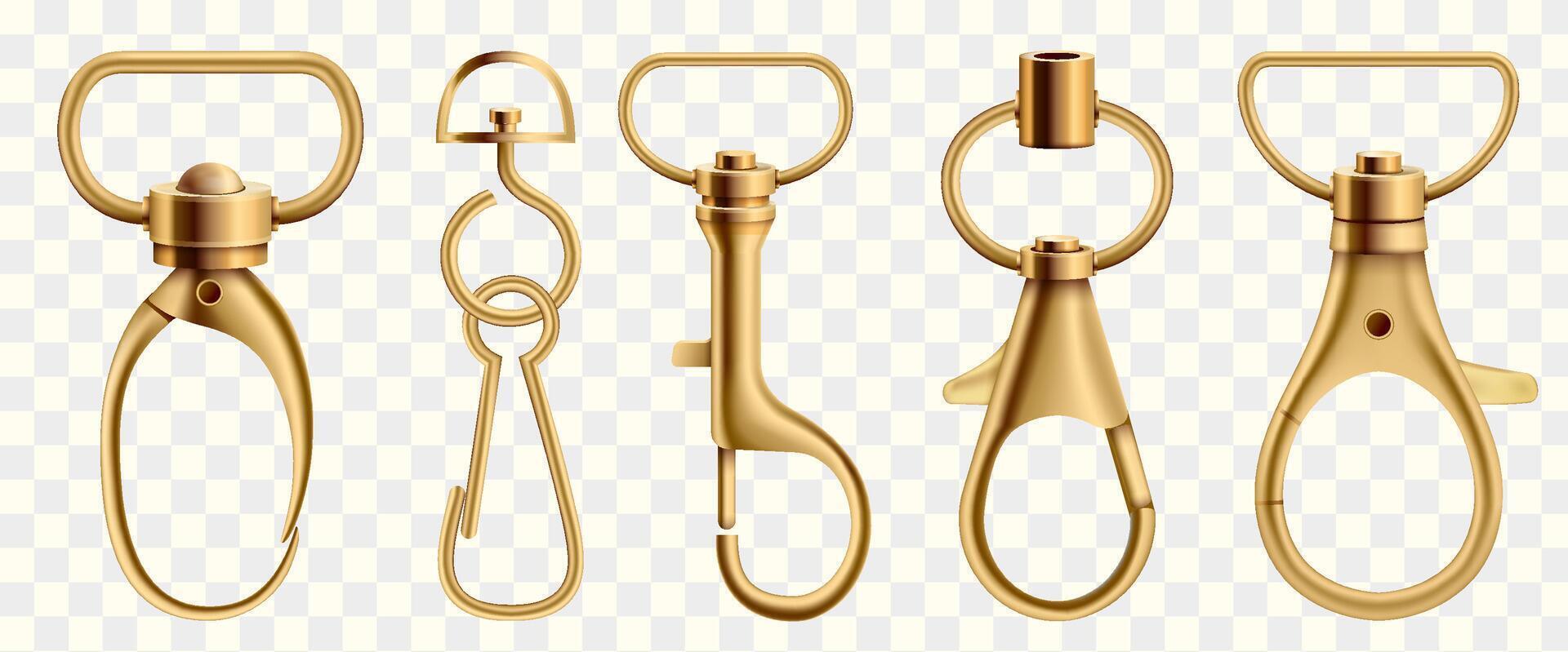 Realistic gold metal swivel lobster clasps in various shapes, commonly used in keychains, crafts, and bags. vector