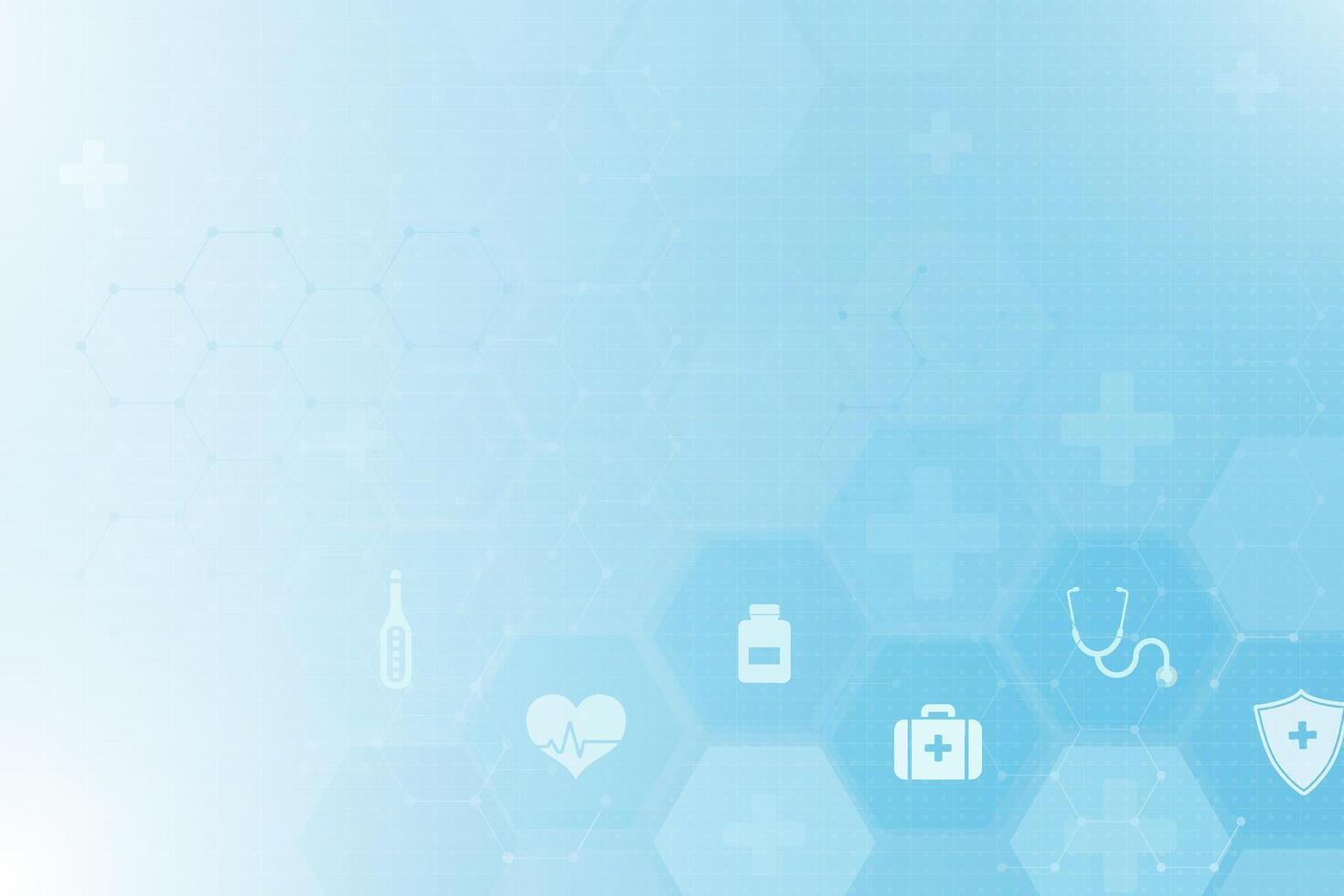 Medical abstract blue background with health symbols like stethoscope, heart, and first aid kit, ideal for healthcare and technology themes. vector