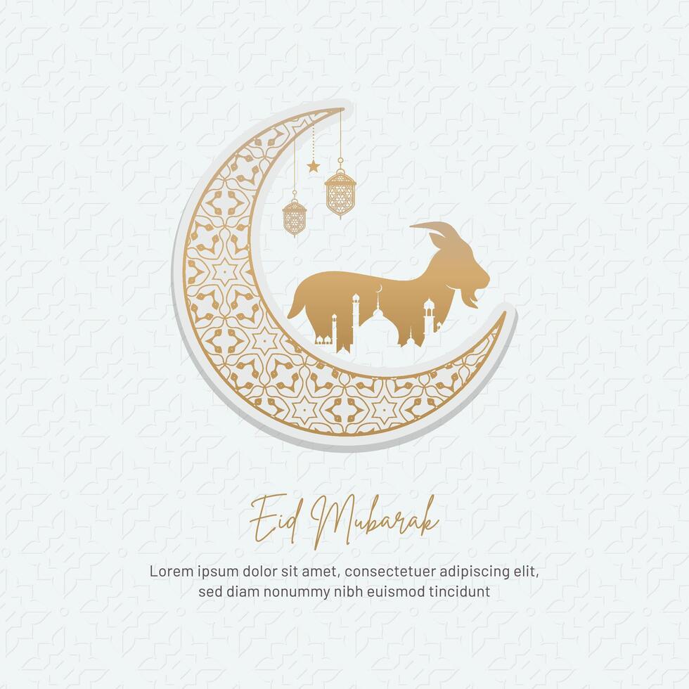 Eid Mubarak Gold Crescent Moon Goat Mosque Lanterns Islamic Pattern Background Eid al-Adha vector