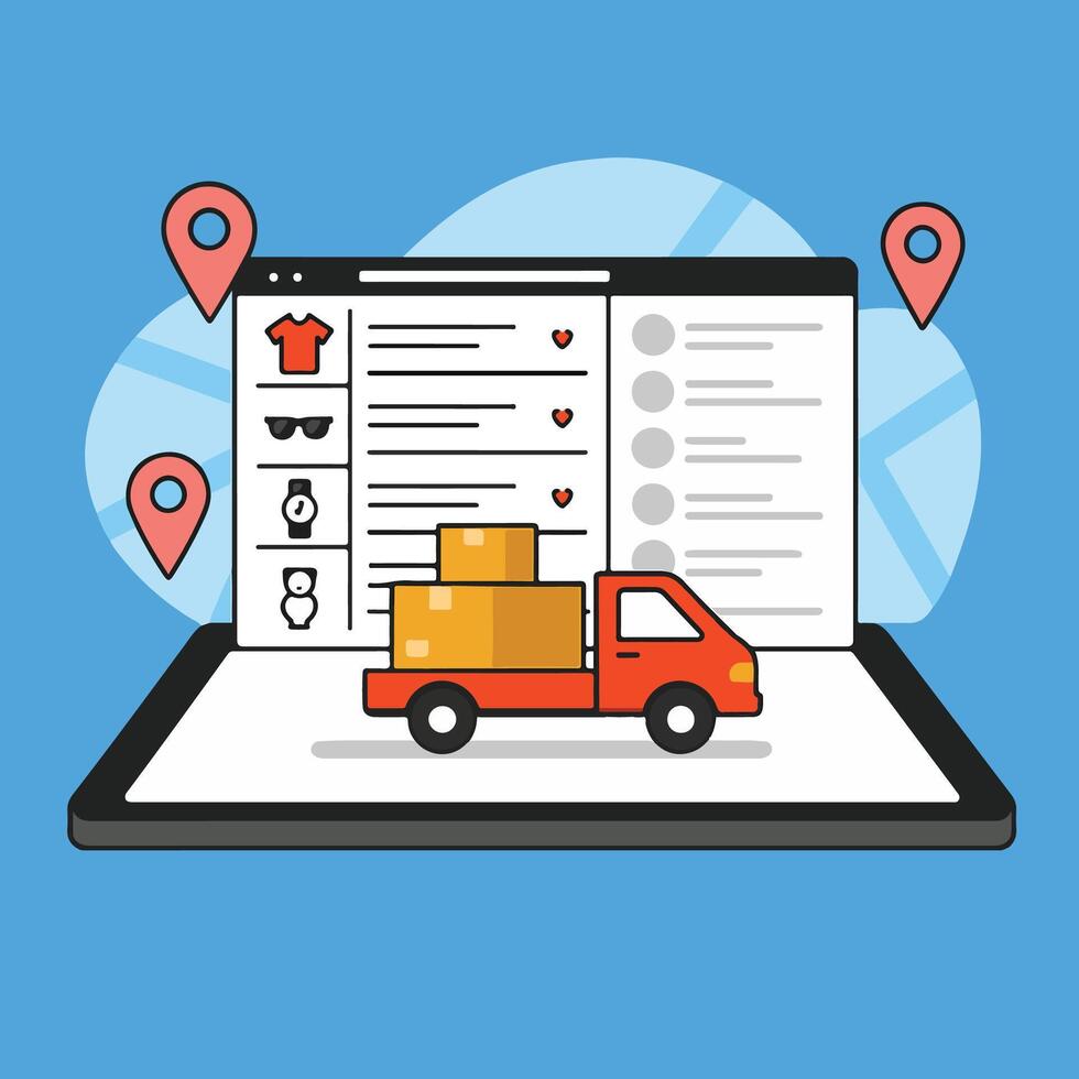 Online Shopping Delivery Red Truck Tablet Screen Orange Boxes Location Pins vector