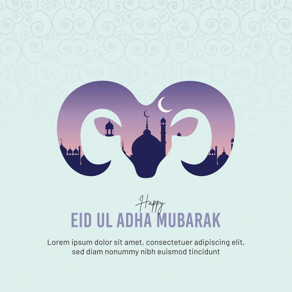 Eid Ul Adha Mubarak Greeting Card Design Purple Ram Silhouette Mosque Cityscape Pastel Background vector