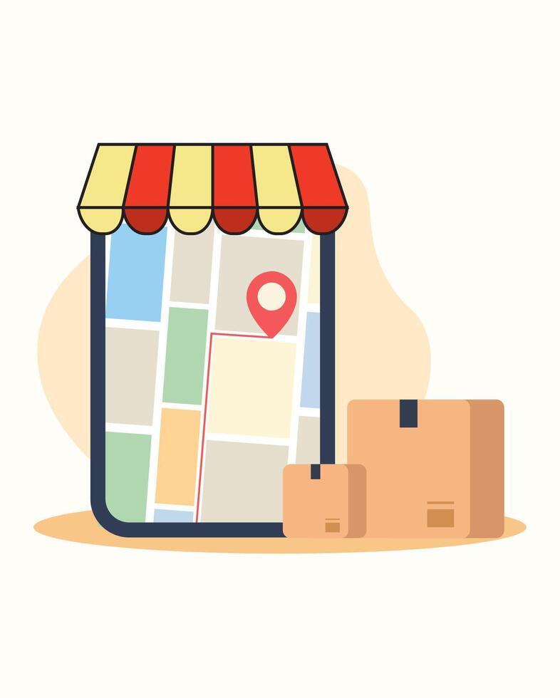 Smartphone App Showing Store Location Map Red Pin Beige Yellow Delivery Boxes online store vector