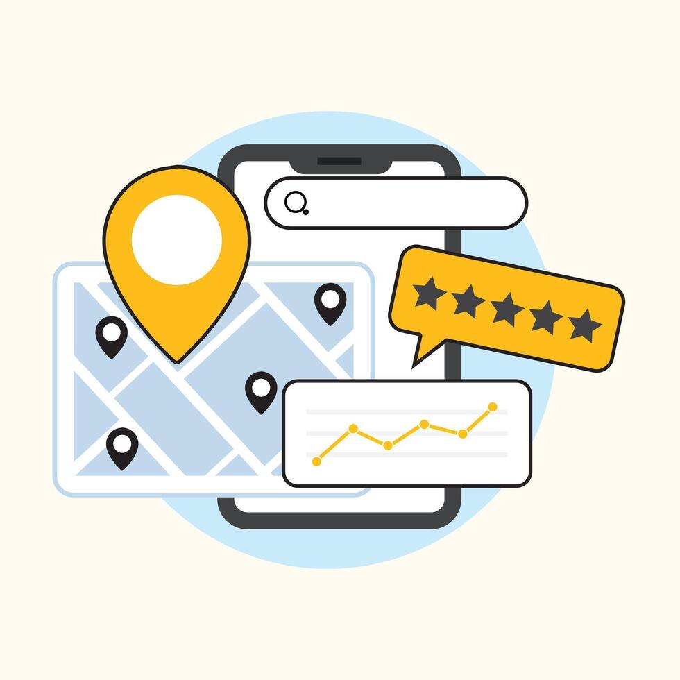Smartphone Displaying Map Location Data Analytics Yellow Gold Five Star Rating Illustration vector