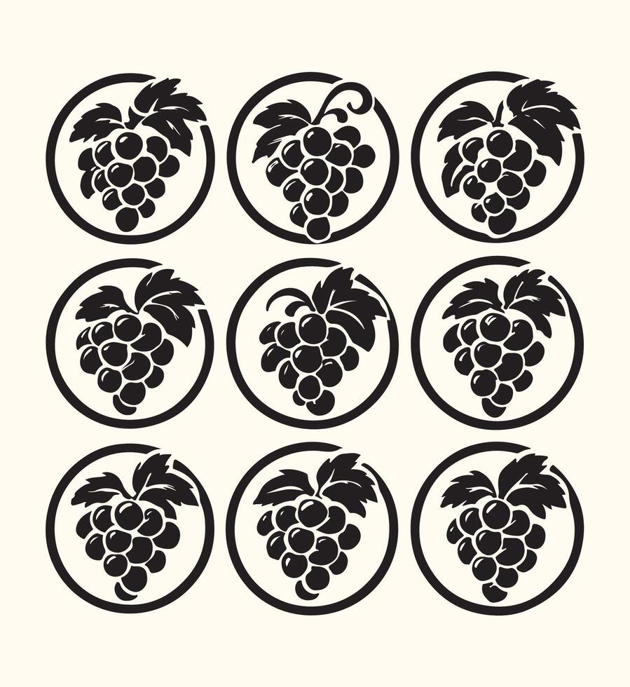 Nine Black and White Grape Clusters in Circular Frames Stylized Fruit Icons Set Design Elements vector
