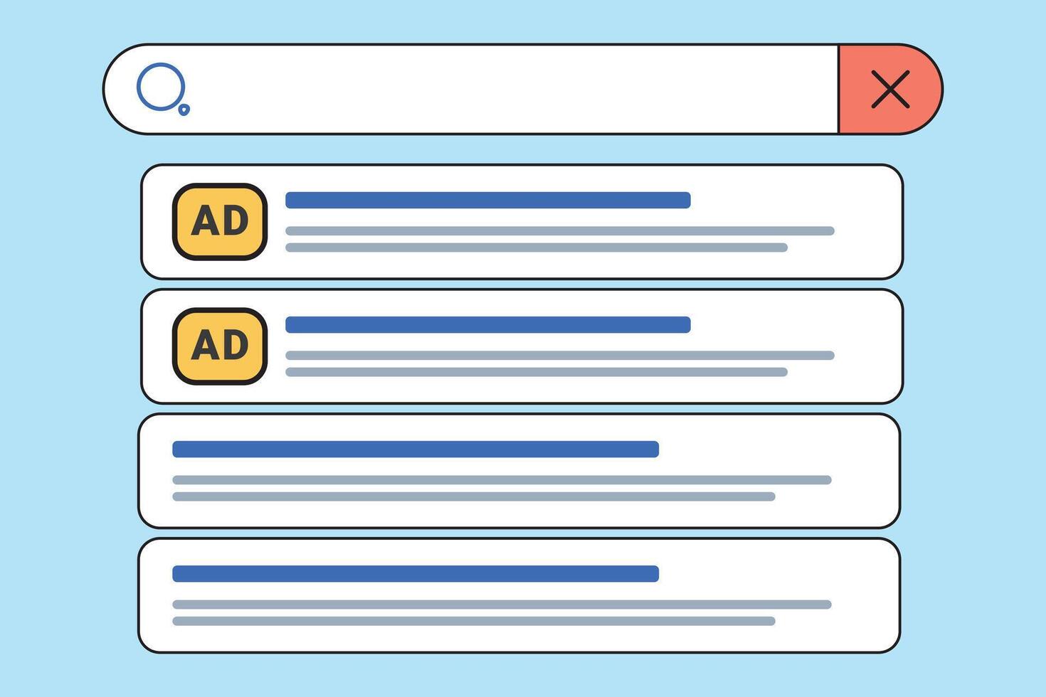 Blue Background Search Results Page Showing Two Yellow Sponsored Ads Webpage Interface vector