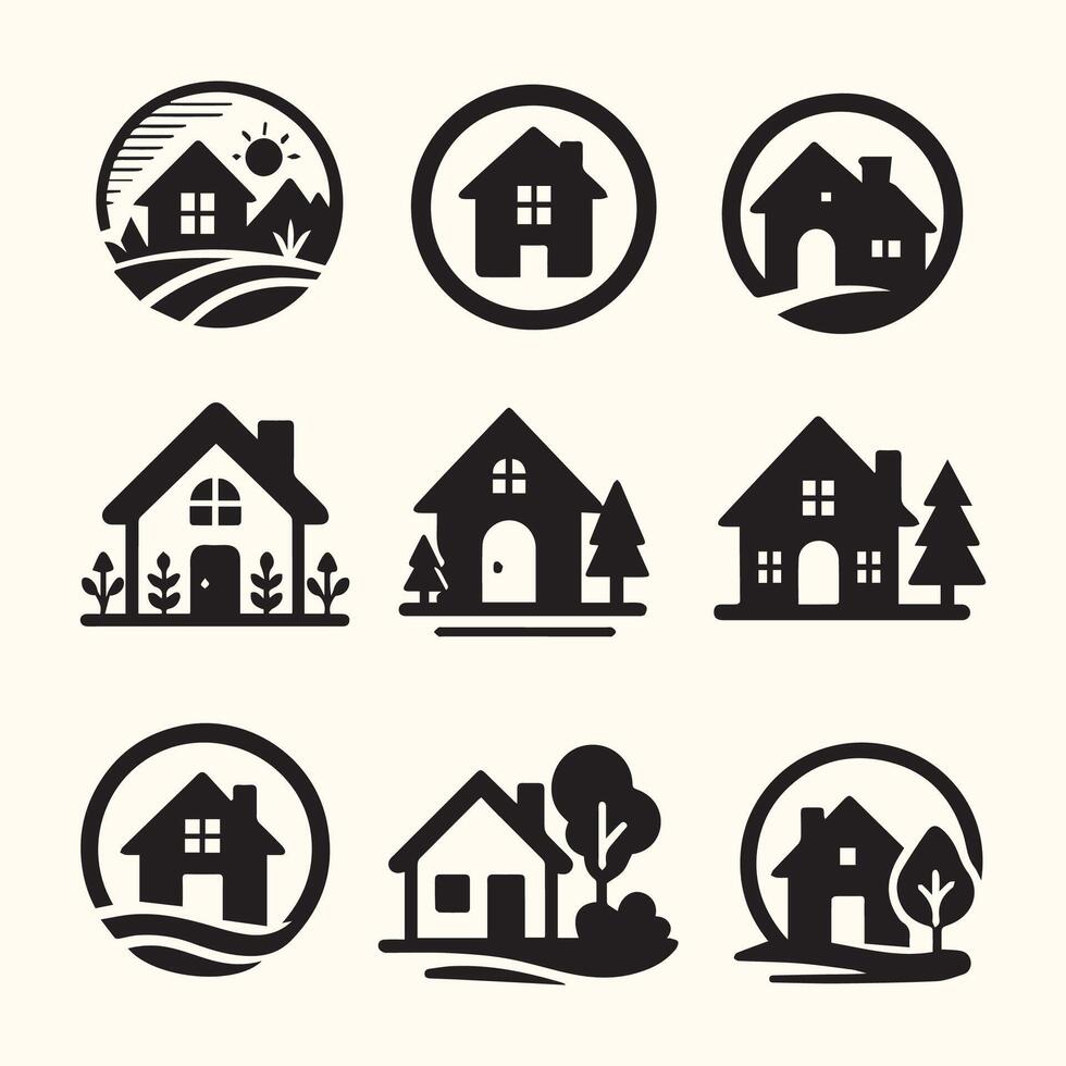 Nine Black and White House Icons Set Home Symbols Real Estate Logos Simple Designs vector