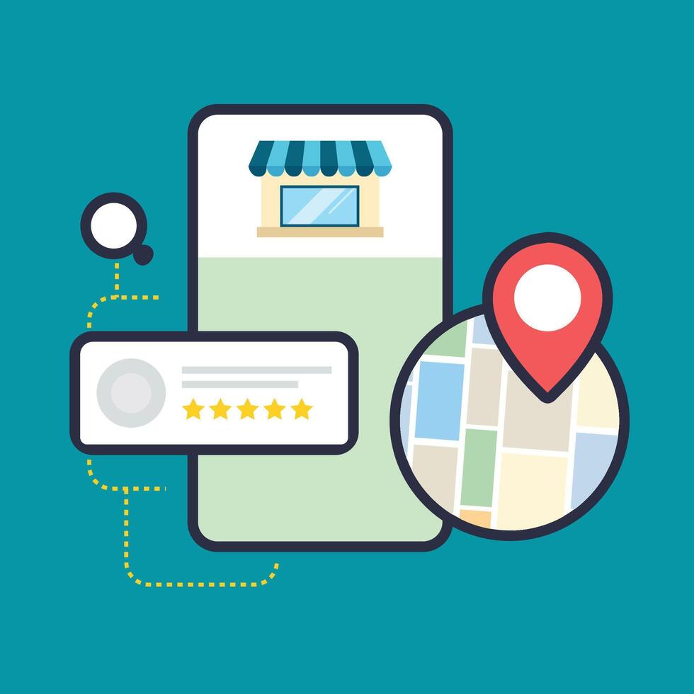 Teal Smartphone App Displaying Business Location Map Reviews Five Stars Rating vector