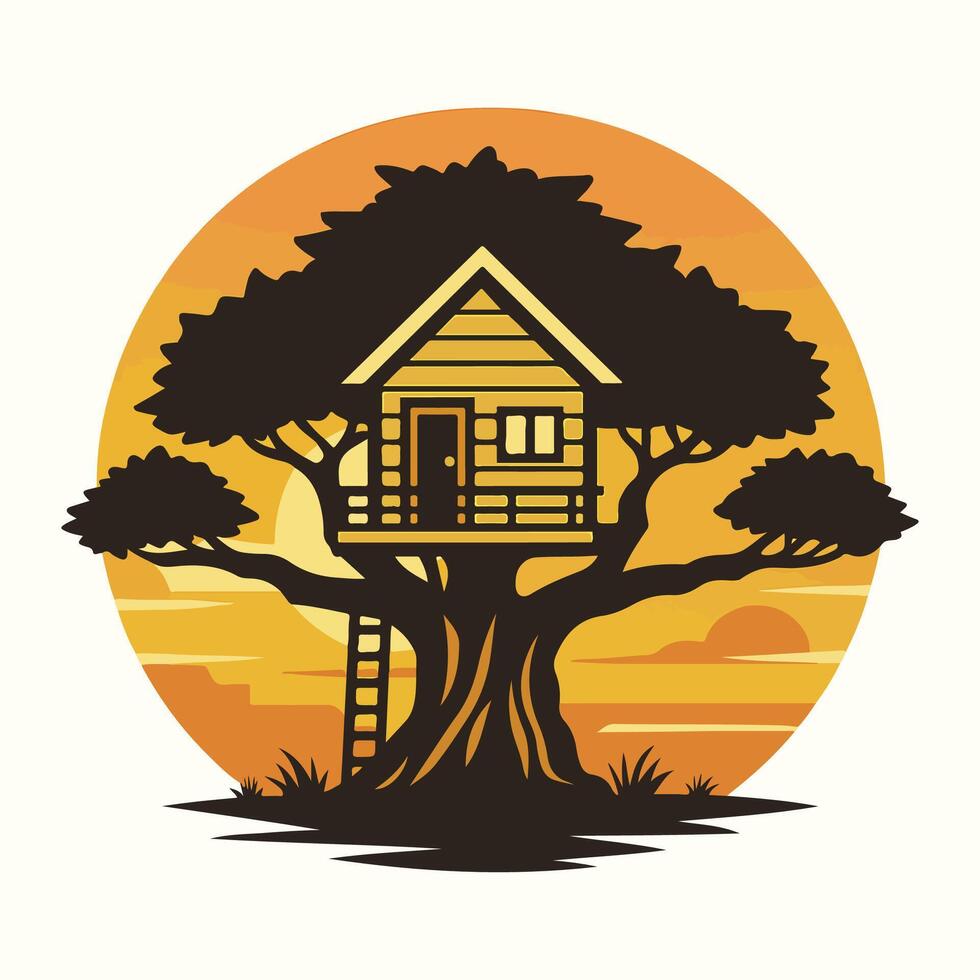 Sunset Silhouette Treehouse Wooden Cabin in Large Tree with Ladder vector