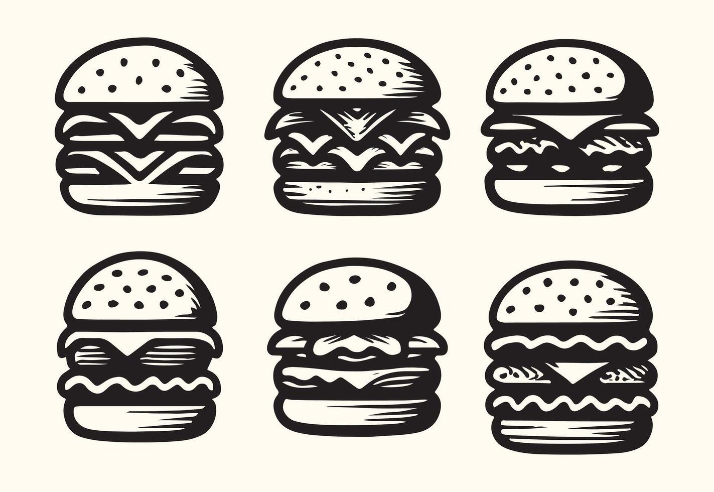 Six Black and White Hand Drawn Triple Decker Burgers Illustration Food Menu Design vector