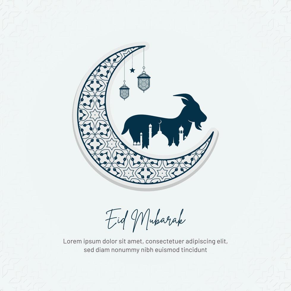 Eid Mubarak Greeting Card Design Dark Blue Goat Crescent Moon Islamic Pattern Lanterns vector