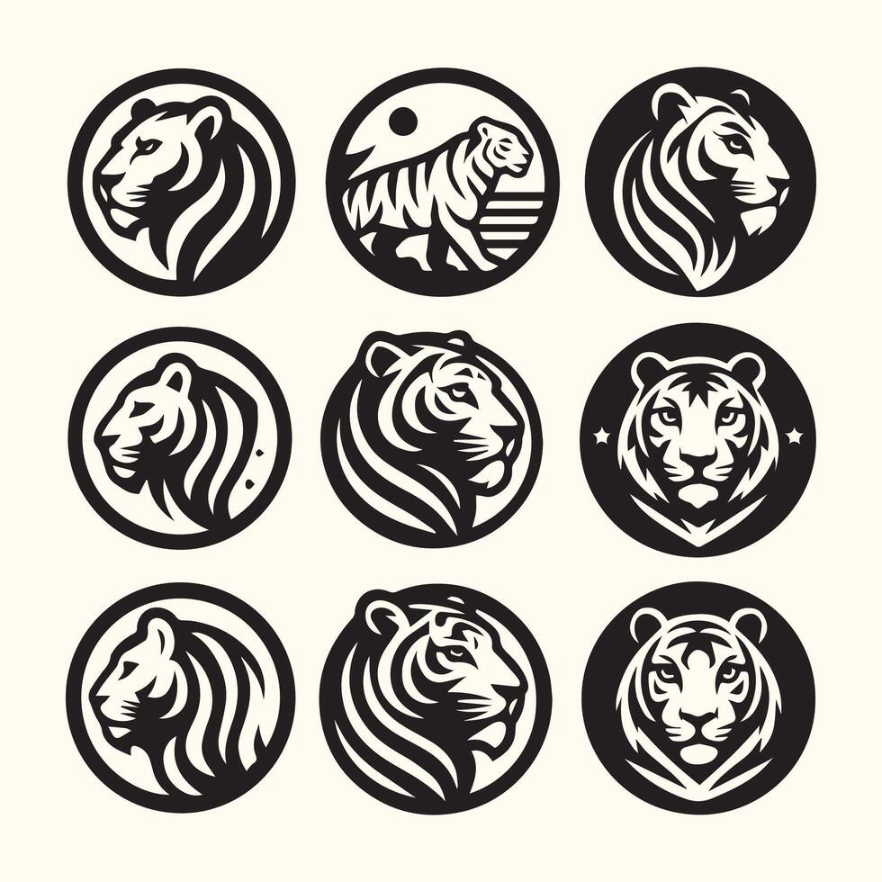 Nine Black and White Tiger Head and Full Body Illustrations in Circular Frames tiger illustration vector
