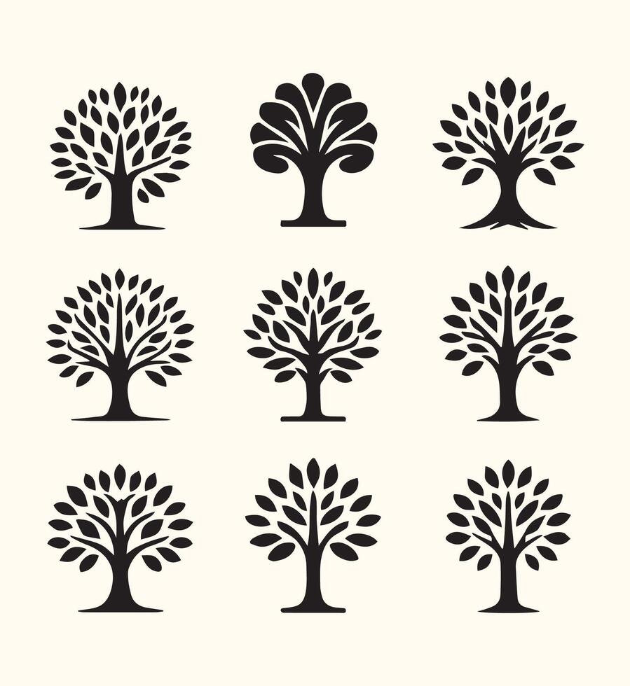 Nine Black Silhouette Tree Icons Various Styles Nature Graphic Design Elements trees vector