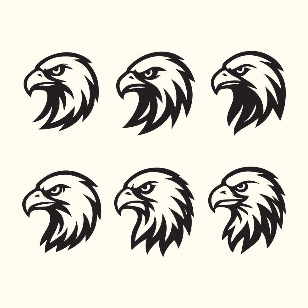 Six Black and White Eagle Head Illustrations Different Angles Stylized Mascot Design Graphic vector