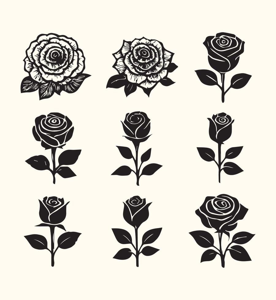 Nine Black and White Rose Illustrations Various Styles Floral Designs Botanical Art vector