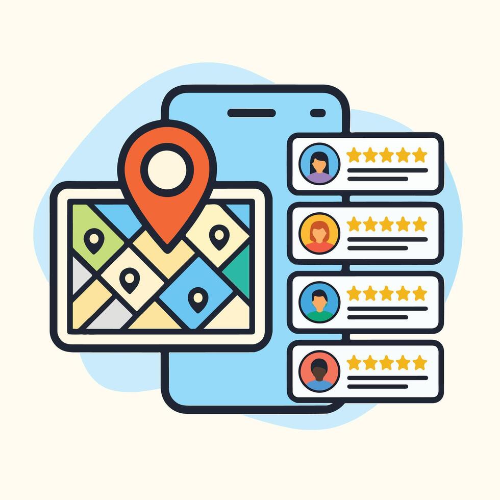 Smartphone App Showing Map Location Customer Reviews Five Star Ratings mobile application vector
