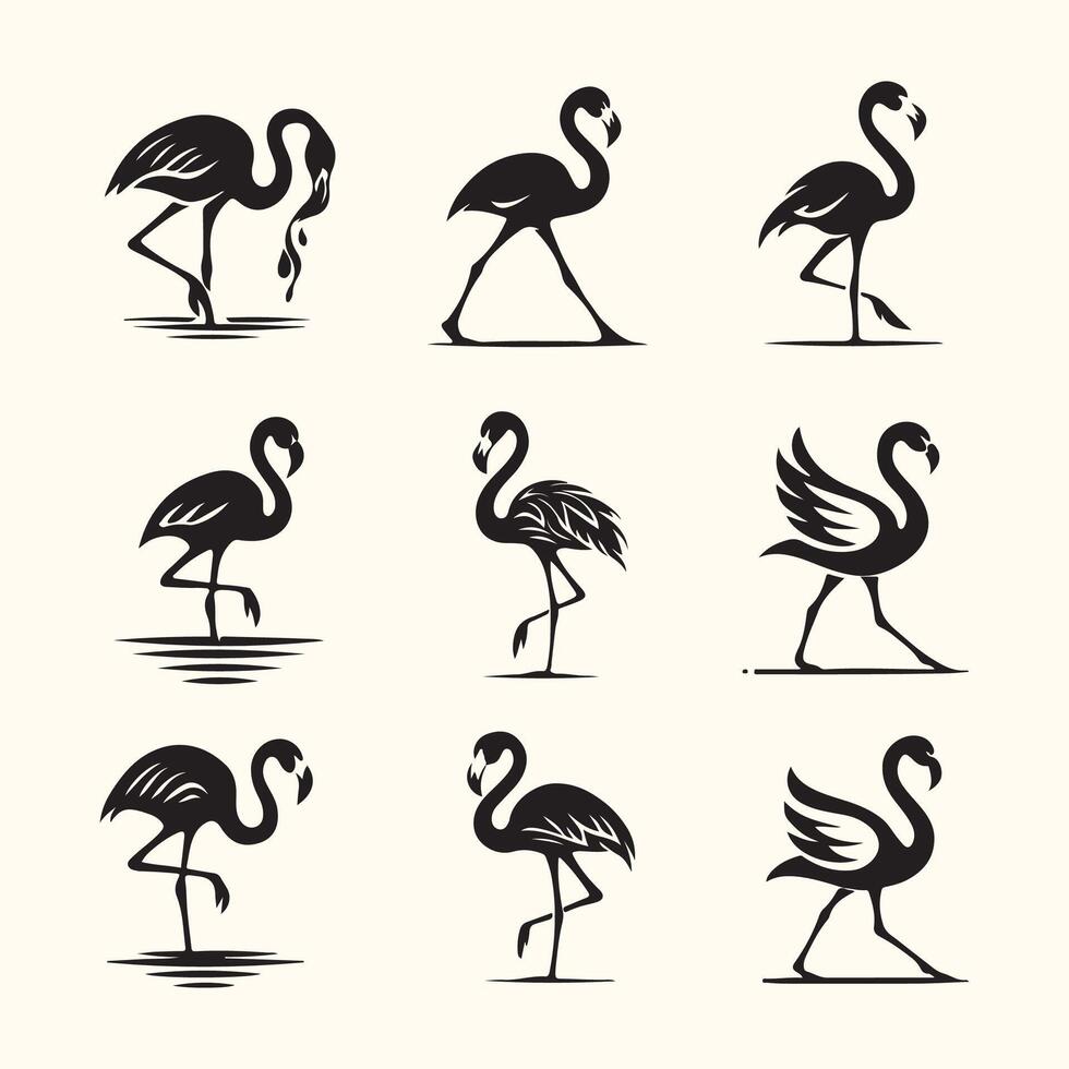 Nine Black Flamingo Silhouettes Various Poses Elegant Bird Designs white vector