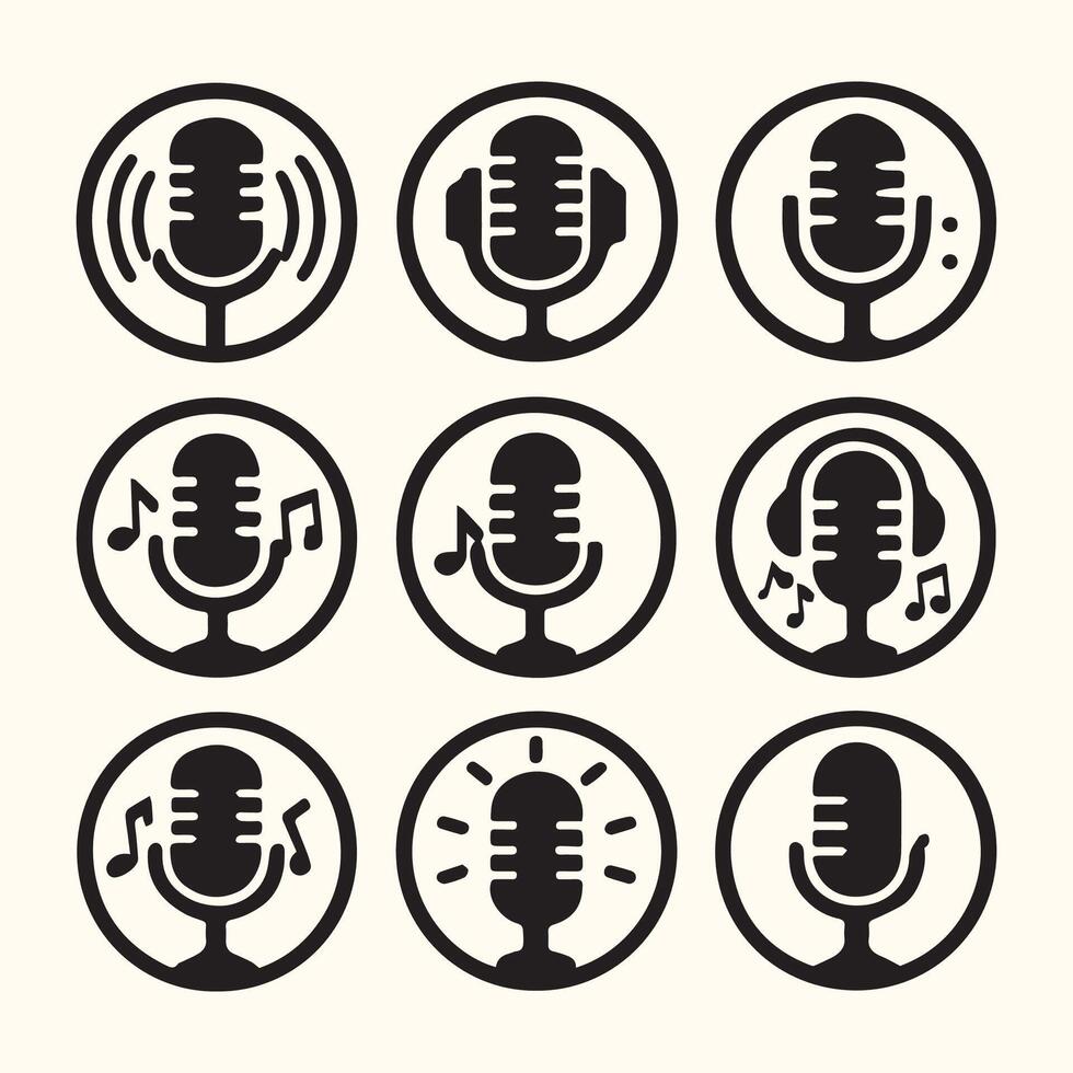 Nine Black Microphone Icons Set Circle Background Music Sound Recording Studio Podcast vector