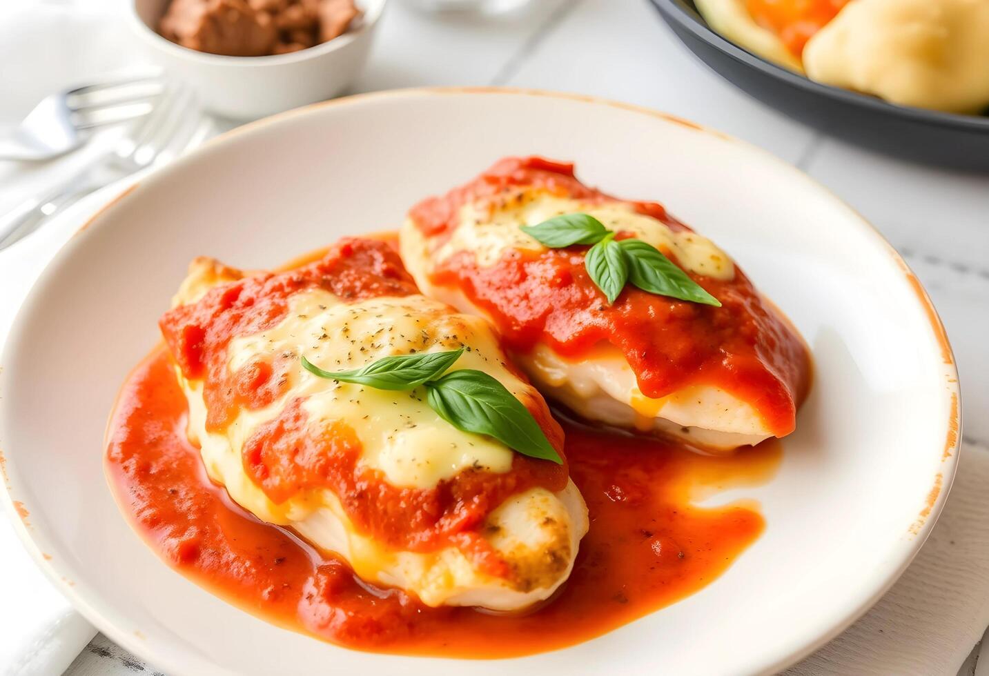 Chicken stuffed with tomato sauce and cheese on a white plate photo