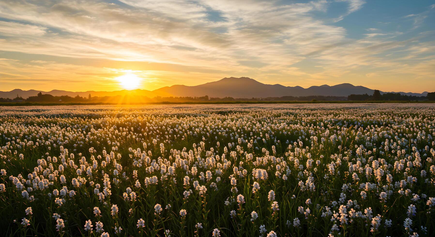 A field of white flowers at sunset photo