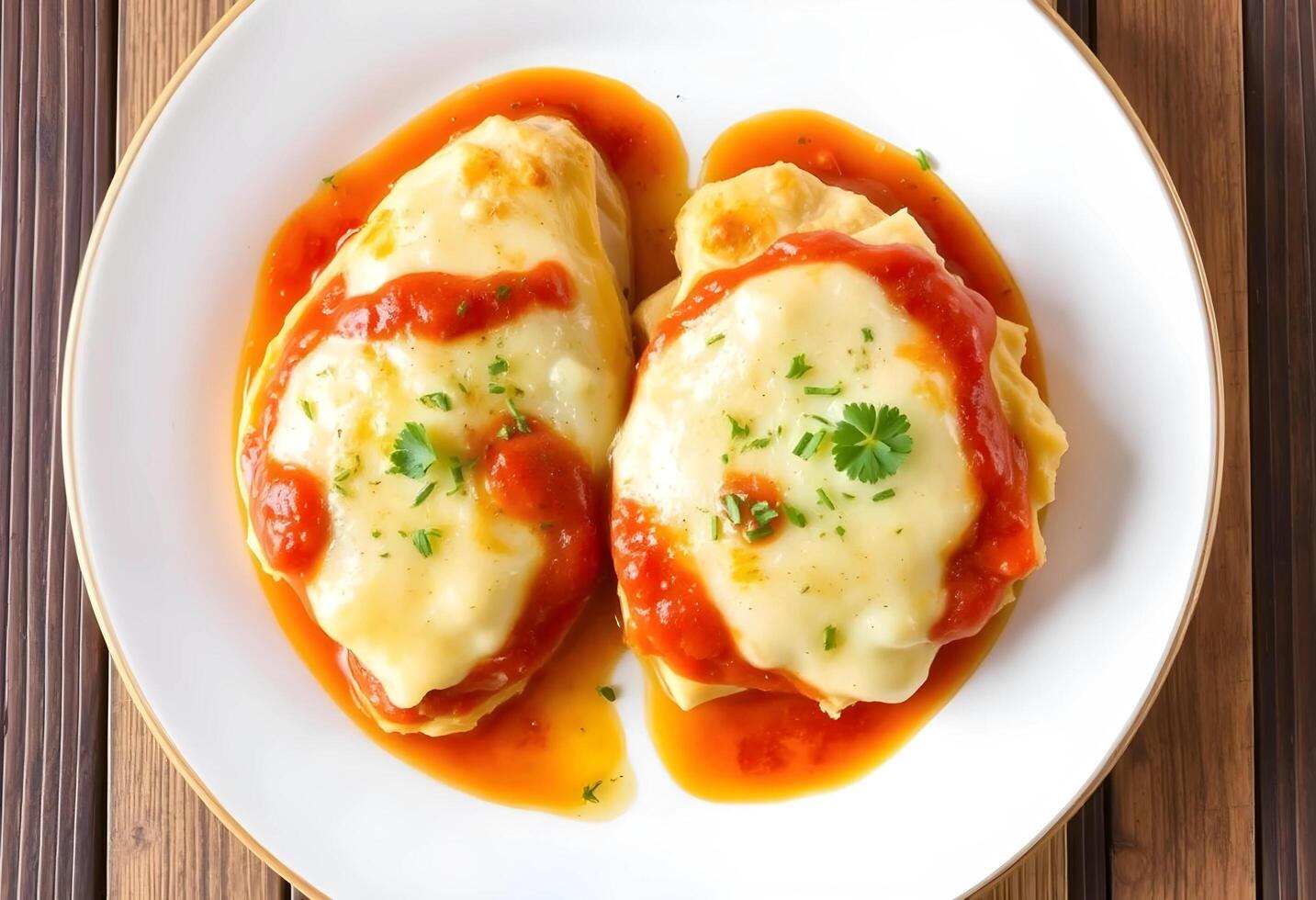 Chicken parmesan stuffed shells on a white plate photo
